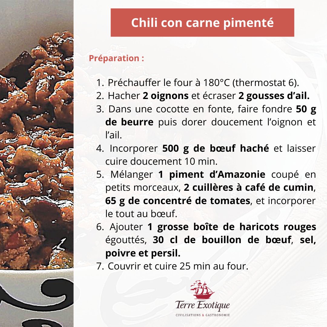 Inspiration culinaire du jour : Chili con carne façon Terre Exotique.
⁠
⁠
#inspirationculinaire #terreexotique #civilisations #gastronomie #lesrecettesterreexotique #piments #chiliconcarne