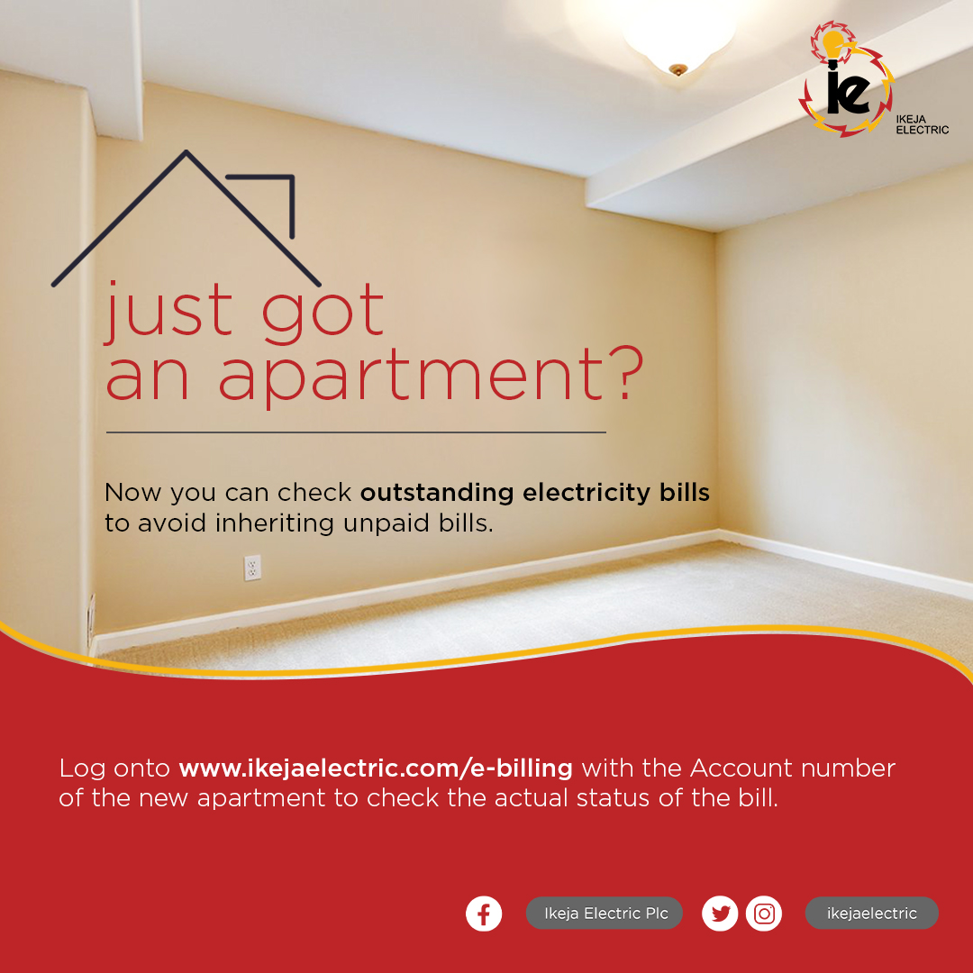 IkejaElectric's tweet photo. Yes, you can check outstanding electricity bills for that new apartment before moving in.

Simply visit https://t.co/4T61iR2cYX with the account number of the new apartment to see actual bill status.

#IEServe
#Staysafe
#Customerfirst
#Technologynow https://t.co/BVPeMnYKPO