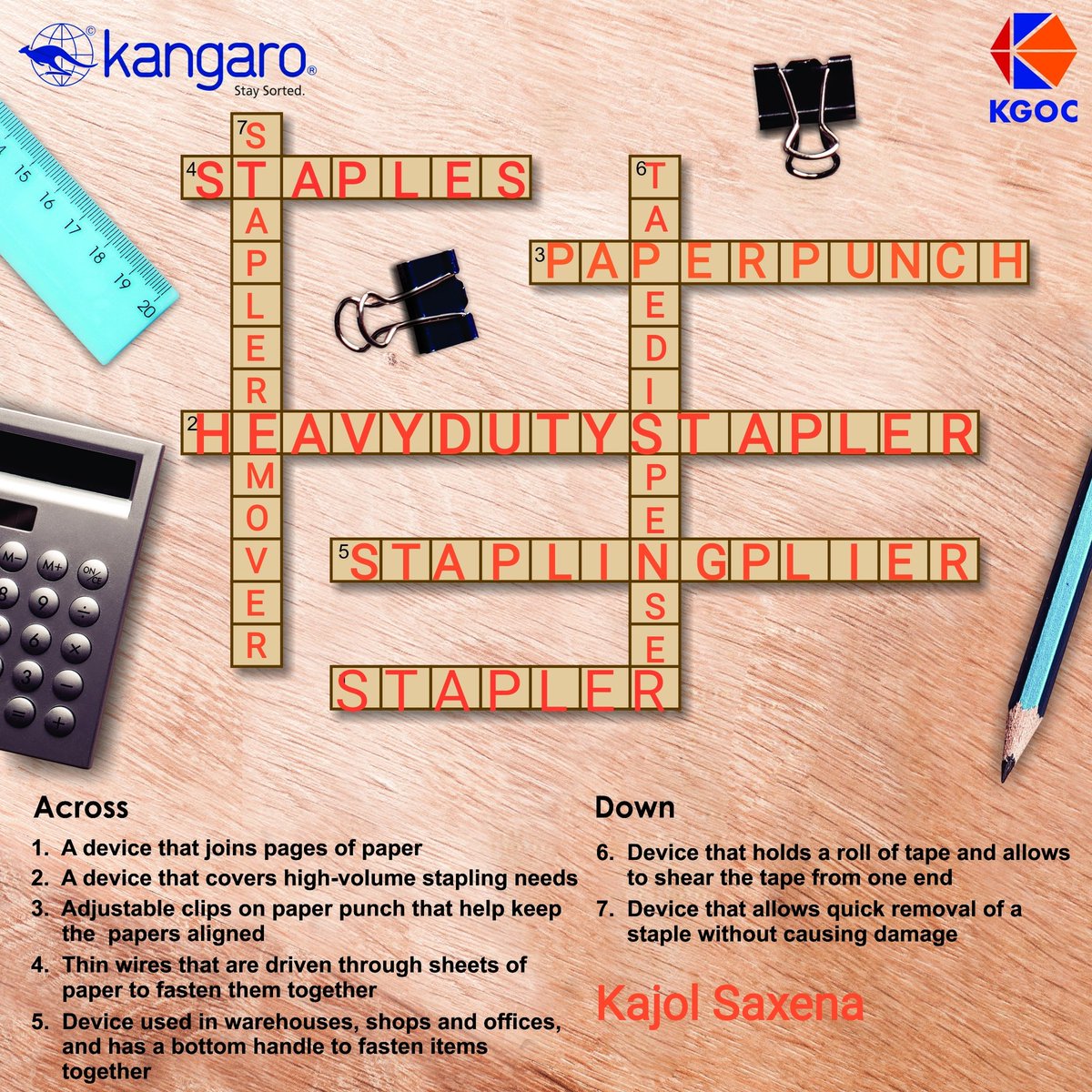 KajolSaxena7's tweet image. Down:

6. Tape Dispenser
7. Staple Remover

Across:

1. Stapler
2. Heavy Duty Stapler
3. Paper Punch 
4. Staples
5. Stapling Plier

#ContestAlertIndia 
#Comtest
#ContestIndia
@KangaroKGOC 

@itsme_celia @Chandansahoo378 @freaky9219 @illuminati2912 @VHetal