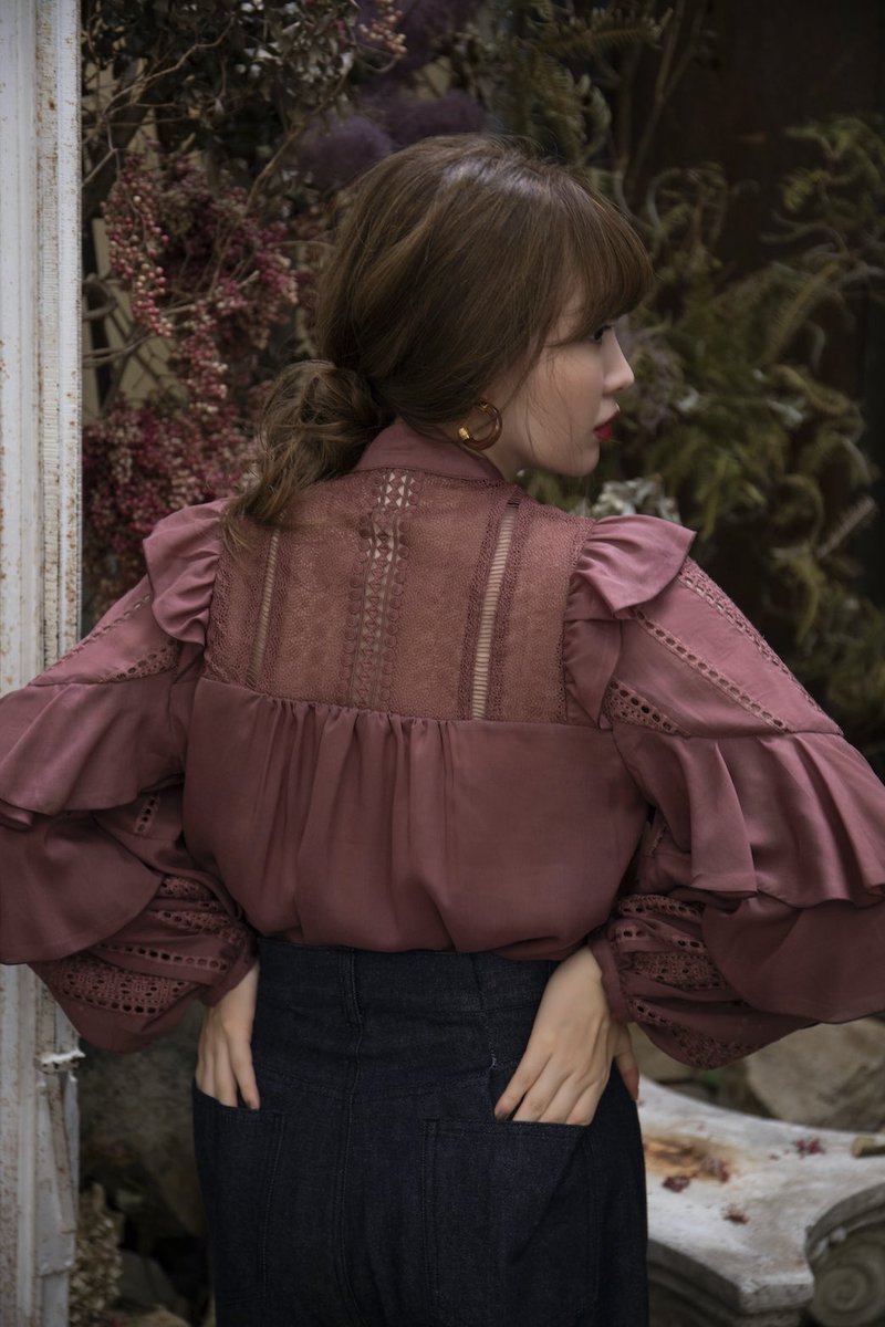 カーキ×インディゴ Her lip to Puffed Sleeve Lace Blouse - シャツ