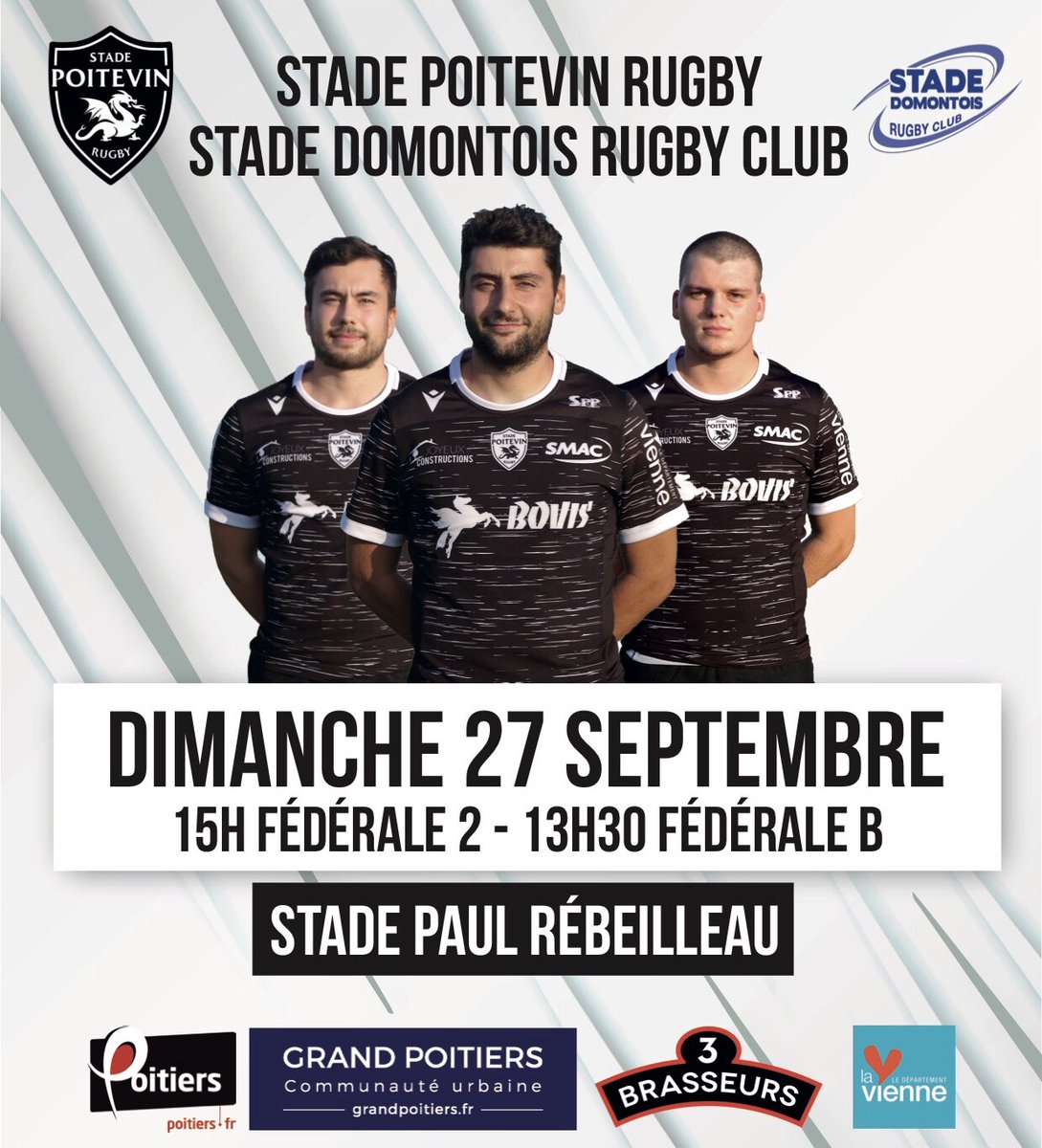 📆 Agenda du week-end : 

15h Fédérale 2 : Stade Poitevin Rugby - Stade Domontois Rugby Club
13h30 Fédérale B : Stade Poitevin Rugby - Stade Domontois Rugby Club

Rendez vous au stade Paul Rébeilleau ⚫️⚪️