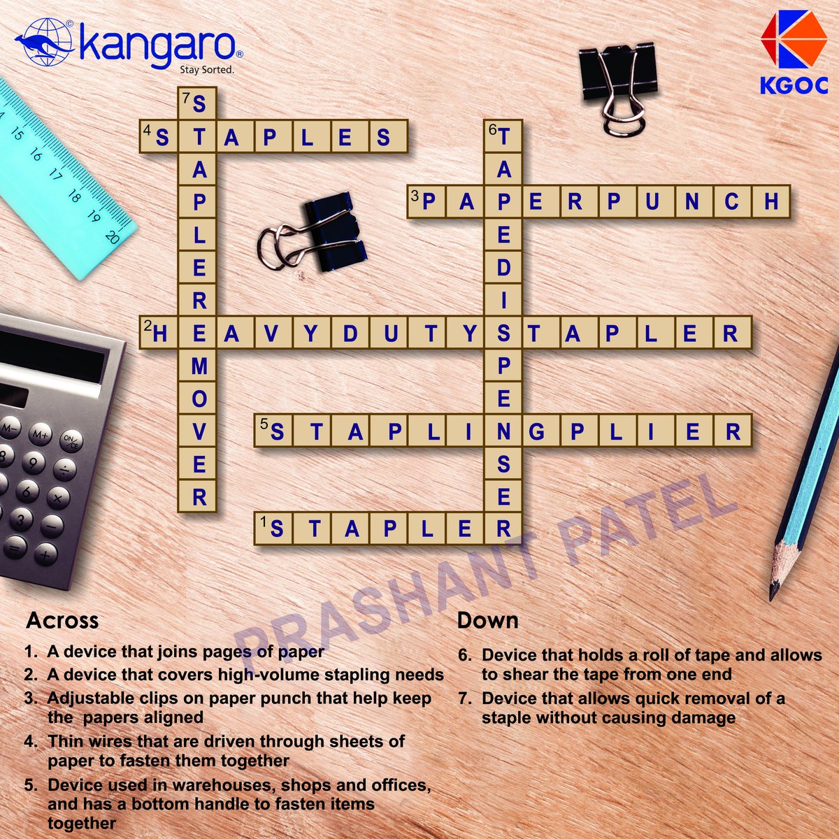 prashpatel_'s tweet image. Down:
6. Tape Dispenser
7. Staple Remover

Across:
1. Stapler
2. Heavy Duty Stapler
3. Paper Punch 
4. Staples
5. Stapling Plier

#ContestAlertIndia 
#Comtest
#ContestIndia
@KangaroKGOC

Tag
@acidkidrock @mysterioussu @chilled_Sup @v_srikanth70 @FiveFoot5 @itsme_rooh @itsazeena