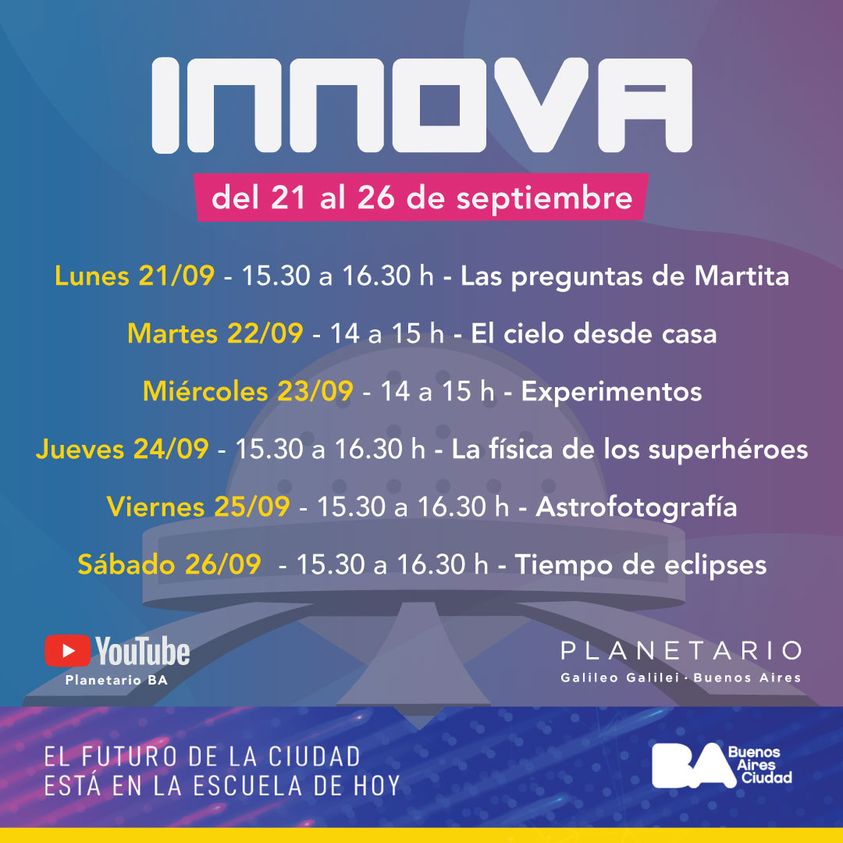 En el marco de #Innova, <a href="/planetarioBA/">Planetario Galileo Galilei</a> y <a href="/EducacionBA/">Ministerio de Educación de Ciudad de Buenos Aires</a> organizan un ciclo de actividades científicas en vivo desde #YouTube. Este jueves a las 15:30, #GermanDima nos hablará acerca de la física de los superhéroes ¡No te lo pierdas!. Más info en bit.ly/2ZLdhlV