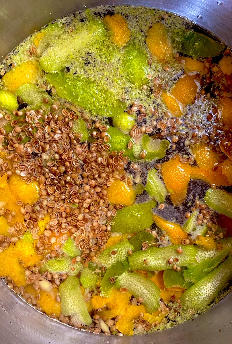 Boil orange, sweet lime and lime peels, crushed coriander, cinnamon, brown sugar, chopped ginger in water, bring to room temp, add nutmeg, citrus juices and gingerbug. Bottle & let ferment for 2-3 days to get...homemade cola