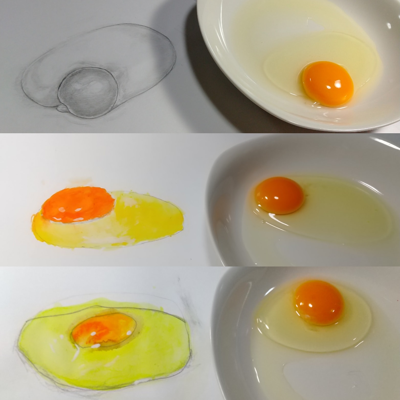 アトリエ どんぐりこども絵画造形教室 小学生クラスはよーく見て描こう 課題です 生卵を描きました 上から中１ 小２ 小１ みんなじっくり観察して描くことができました アトリエ どんぐりこども絵画造形教室 長瀬香織 小学生クラス デッサン 生