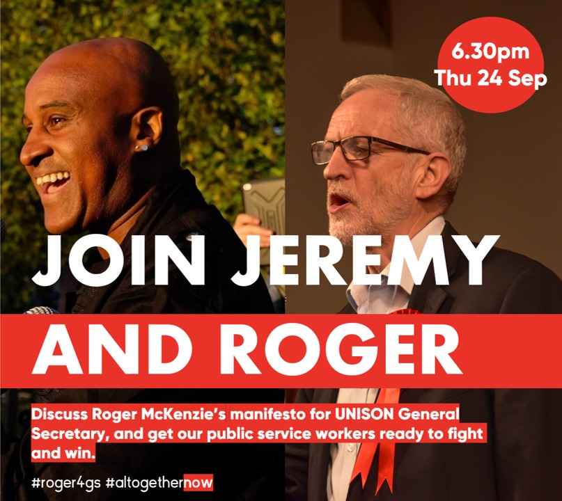 jeremycorbyn's tweet image. Join me and my friend and comrade Roger Mckenzie in conversation on Thursday - details at facebook.com/events/9318298…

Roger wants to hear from as many UNISON members as possible - you can submit your suggested pledge or question for me to ask @Roger4GS at roger4gs.co.uk/pledge