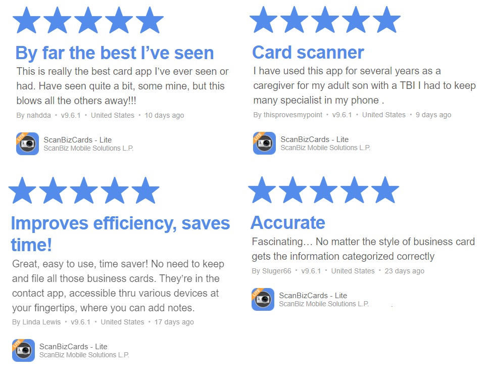 Recent reviews from our users! 

ScanBizCards lets you capture leads from business cards and emails easily and accurately. Download the free ScanBizCards app for #ios and #android 

scanbizcards.com/getlite/