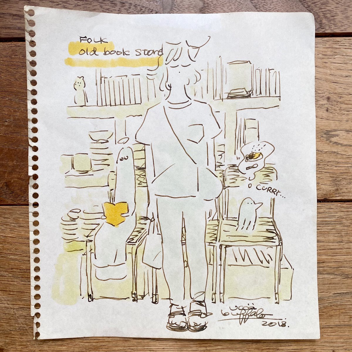 FOLKbookstore's tweet photo. フォーク今日で10年でした。色々あったけど、特に2017年から2018年にかけてつらいことがあった時期に（もうやめようかとも思った時に）融通を利かせてくれたり支えてくれた人たちに感謝しています。
写真は2018年にユッカ・バッファローさんが描いてくれたフォークの絵です。 https://t.co/7sr0zNEuid