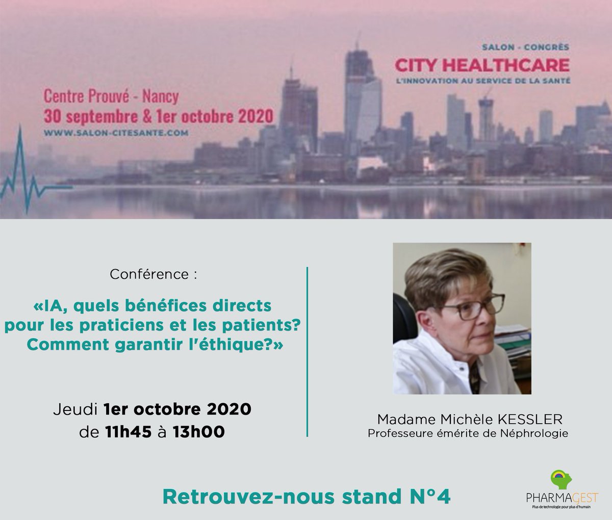 Pharmagest's tweet photo. @SalonCiteSante - @michelekessler , professeure émérite de néphrologie, interviendra le jeudi 1/10 à 11h45 "IA, quels bénéfices directs pour les praticiens et les patients? Comment garantir l'éthique?" 

#innovation #esanté #masanté2022 @CHRU_de_Nancy https://t.co/4NAEyYExUt