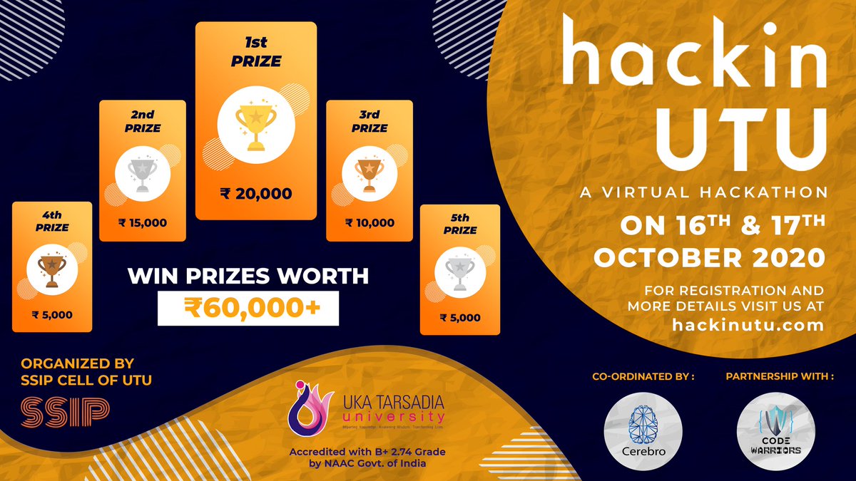 hackinutu's tweet photo. Hello everyone, 
We are announcing our winner prizes for the hackinUTU, where the winning team would get a whopping amount of ₹20,000!
Go to our website https://t.co/bAgDA4zScN and click on REGISTER NOW button and get a chance to win ₹20,000!
#hackathon #hackinutu #utu #winner https://t.co/YhOa5MtqqK