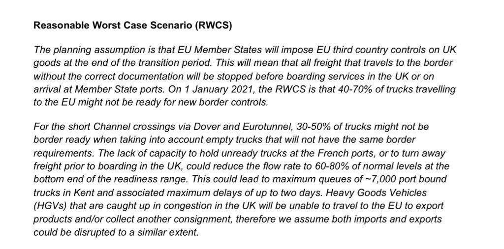Just been on  @bbcR4today talking to Justin about this Gove letter to industry about updated “reasonable worst case scenario” for post Brexit transition period border - first time clear acknowledgement of potential disruption on 1/1/21“Maximum queues of 7000 port bound trucks”