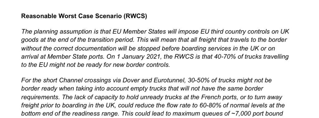 Underlying projection is 70% of freight trucks traveling to EU from UK, and up to half on short straits crossing (Dover/ Eurotunnel) will not have correct documentation, coupled with assumption France will instigate full goods controls, stopping all freight without correct docs: