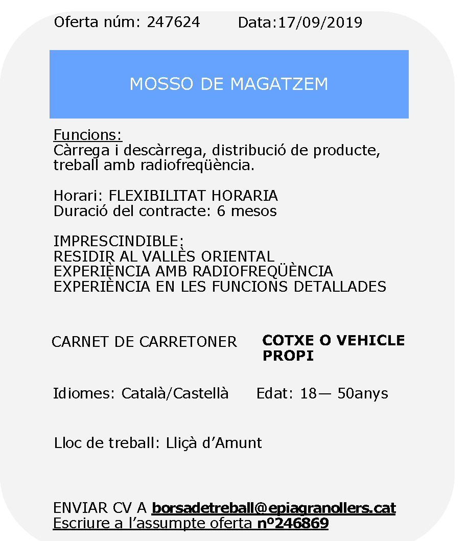 FPescolapiaGrn's tweet photo. Dues noves #ofertes de #feina – operari/ària de manipulació i mosso de magatzem que gestiona la borsa de treball de @epiagranollers. Si estàs interessat/da: envia correu a borsadetreball@epiagranollers.cat,  93 879 43 14 o WhatsApp 636 27 59 42.

#valles #granollers #fpescolapia https://t.co/92c7fjslBM