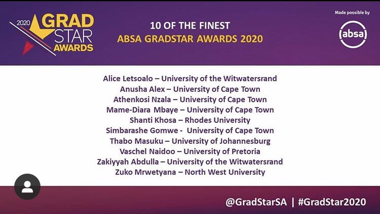Officially_MrsM's tweet photo. I’m so humbled to have made the Top 10 of the finest @AbsaSouthAfrica @GradStarSA Awards representing @Rhodes_Uni. The experience so far has been amazing and it’s an honor to have made it this far. To more growth and opportunities 🥂🥂 https://t.co/WYpi9RZThv