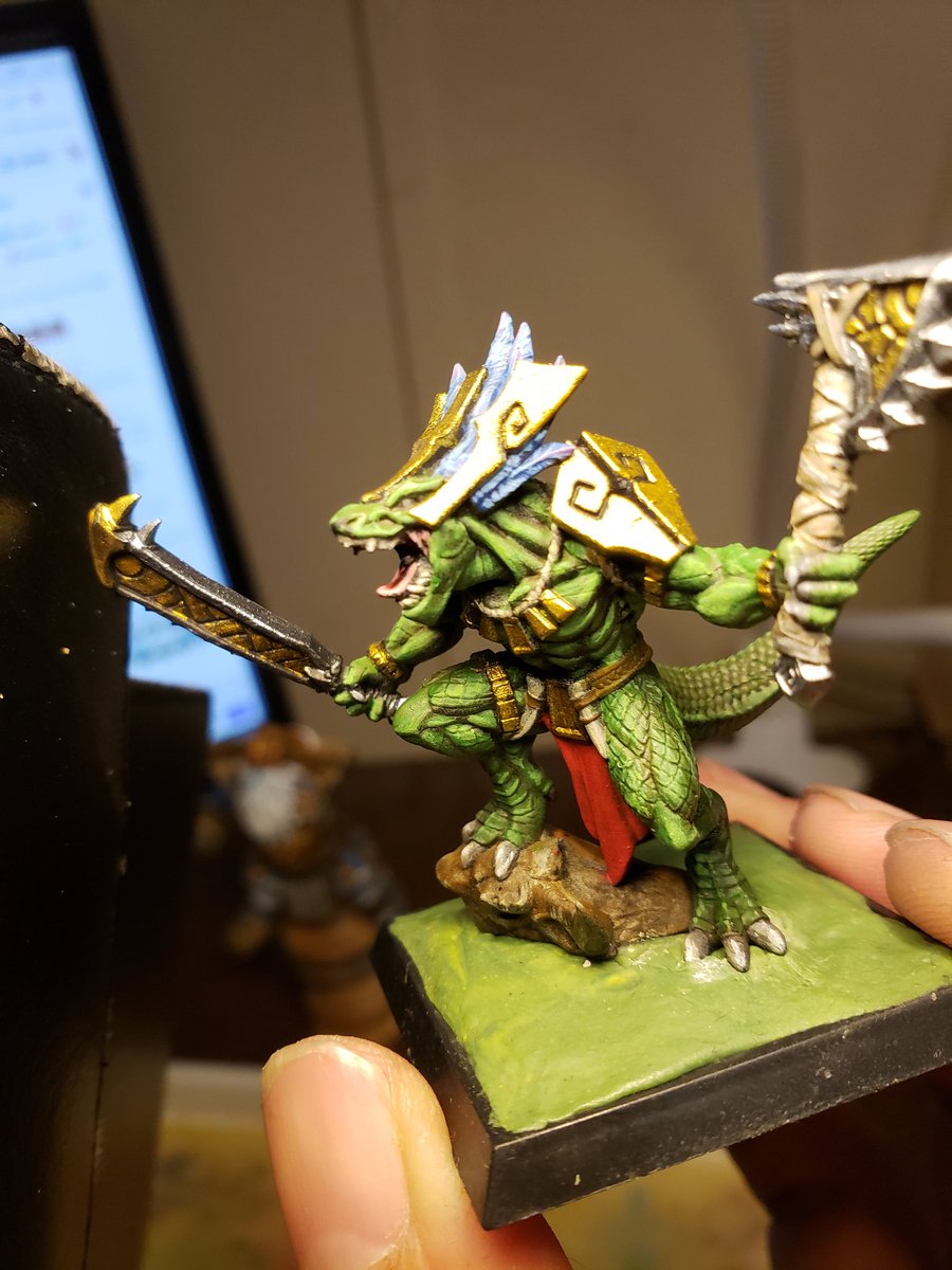 SuicidePrinny's tweet photo. Basing then touchups. Let's goooo.
I'm at that 90% point where the last 10% takes forever.

#wepaintminis #miniaturepainting #minipainting #dungeonsanddragons #artisansguild #lizardman #miniatures https://t.co/gMUvDIFOgm