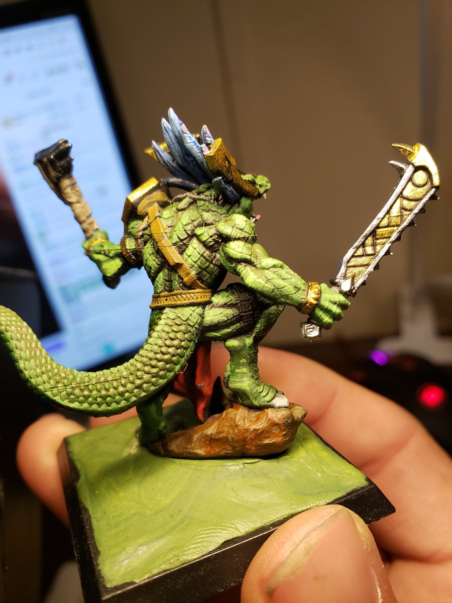SuicidePrinny's tweet photo. Basing then touchups. Let's goooo.
I'm at that 90% point where the last 10% takes forever.

#wepaintminis #miniaturepainting #minipainting #dungeonsanddragons #artisansguild #lizardman #miniatures https://t.co/gMUvDIFOgm