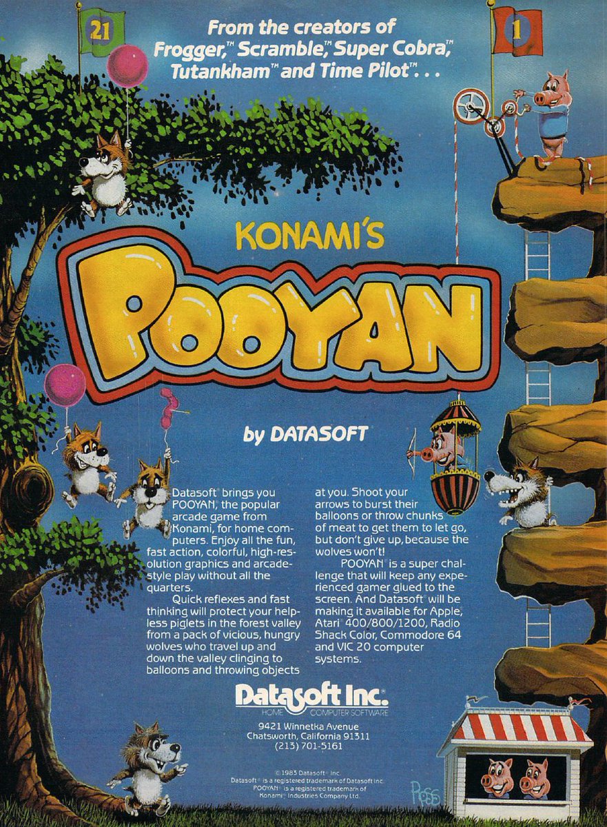 TakodanTweets's tweet image. Ad for the arcade conversion of #Konami s Pooyan, released by #Datasoft for #Atari #Apple #Commodore #RadioShack #VIC20 #C64