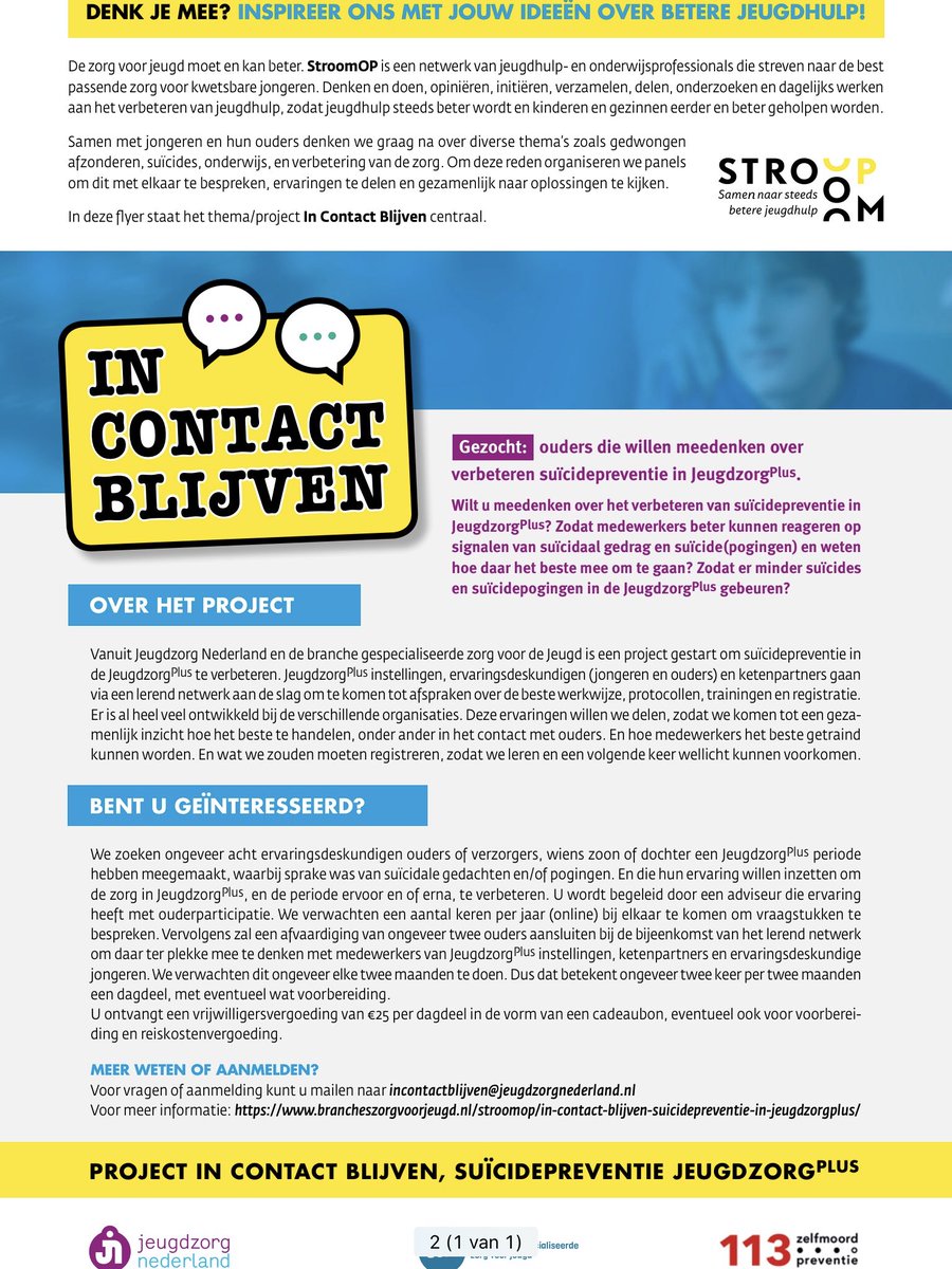Ik zoek nog vier ouders die willen meedoen in het ouderpanel van #stroomop over #suïcidepreventie in de #jeugdzorg(plus). Ken je ouders die mogelijk iets willen doen met hun ervaring of heb je zelf interesse? Ik hoor het graag! #jeugdzorgplus