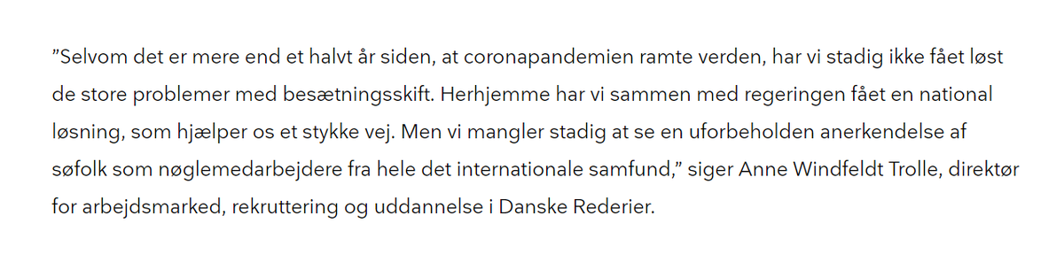 ClasenK's tweet photo. COVID-19 giver fortsat enorme globale udfordringer med søfolk, der ikke kan blive afløst på skibene. @regeringDK gør en god indsats herhjemme, men der er brug for global action - læs mere fra @AnneWTrolle her: #blaadk
https://t.co/8nJ2HOngls https://t.co/kI45FCYToT