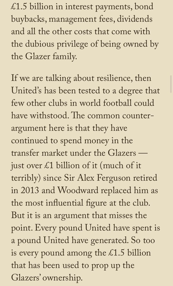 So when Ed Woodward says  #MUFC are fortunate to be in a stronger position than most clubs, ... well, yes and no. They already have an enormous drain on their resources from their owners. That is not fortunate — except for the owners, I guess  https://theathletic.com/2081755/2020/09/23/manchester-united-spending-transfers/?source=emp_shared_article