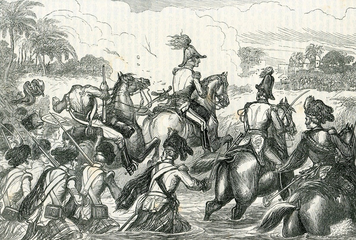 The flanking manoeuvre advanced directly towards the enemy guns, though cannister/grape shot.As they charged with bayonet, Wellesley hit the Mahratta line with cavalry too, his line regiments were close to breaking, but stood firm.