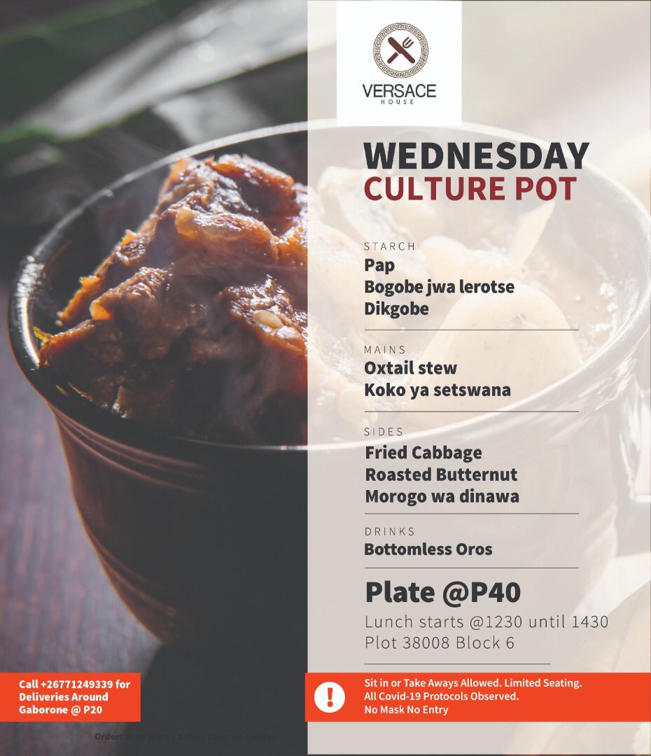 suavepointbw's tweet photo. What are you having for lunch today? 

Wednesday’s Menu at Versace House

Location: Block 6 Plot 38008 
Call : +267 71249339 for deliveries around Gaborone 

#PushaBW #SuavePointBW https://t.co/g2d3zTufVa