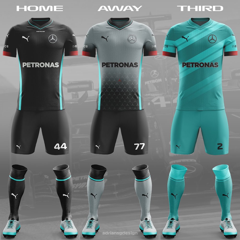 Mercedes  @MercedesAMGF1 I decided to make the Petronas lines go on the side of the jersey, with the stars going upwards on the kit. Black for the home kit and the pre season livery for the away kit. The third kit is inspired by Petronas as they are Merc's title sponsor in F1.