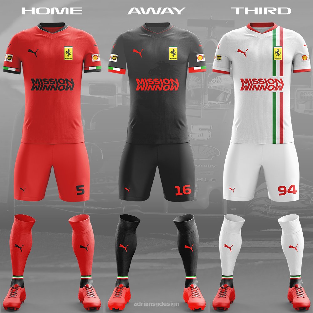 Ferrari  @ScuderiaFerrari Kept the home kit simple. The away kit I made black with the prancing horse in the background. The third kit is white with the Italian flag striping down the kit with the Ferrari badge in the middle of that flag.