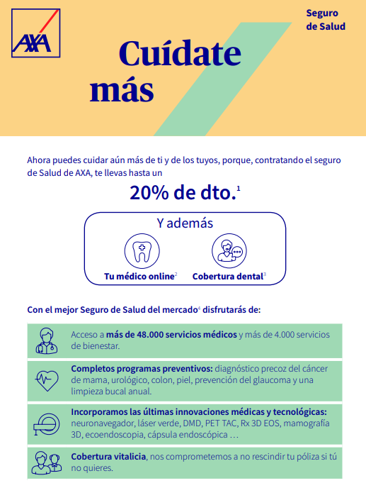 AgenciaSimon's tweet photo. Estos tiempos nos han enseรฑado que no hay nadas mas importante que la Salud. ๐ฉบ๐ฉ๐ผโโ๏ธ
Por eso queremos ayudarte a cuidar de Ti ๐งโโ๏ธy de tu Familia๐จโ๐ฉโ๐งโ๐ฆ
Promociรณn disponible entre el 24/09/20 y el 14/01/21 (ambos inclusive). Consulta las bases detalladas
en https://t.co/8eIUk3dPnU
#AXA #SA https://t.co/8E7MfvyJzE