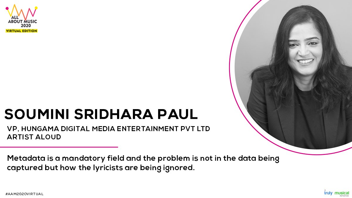 Soumini Shridhara Paul at #AAM2020VIRTUAL spoke about the importance of metadata and how the lyricists are not being given the due credit for their work                                                     

A @MusicalTruly initiative

#AllAboutMusic2020 #AAM2020Virtual