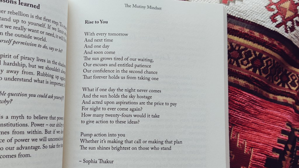 AlmaasOsman's tweet photo. Being able to swap my morning commute for reading has probably been one of the nicest things about 2020.
I β€οΈ this poem
'The sun shines brightest on those who stand' - Rise to You by Sophia Thakur
( via #HowToBeMorePirate)
#WednesdayWisdom https://t.co/TE58lHlAoB