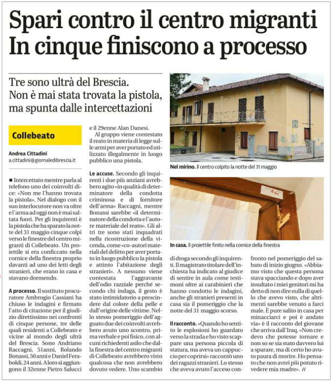 ANPIBsCarmine's tweet photo. "Spari contro il centro migranti, in cinque finiscono a processo.
Tre sono ultrà del Brescia. Non è mai stata trovata la pistola, ma spunta dalle intercettazioni" https://t.co/WvOXvIxpHU #Collebeato #23settembre https://t.co/QrktgH2hDV