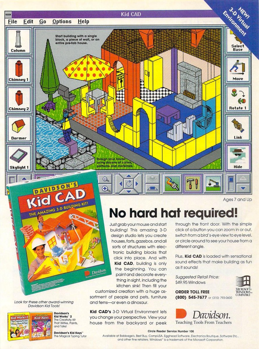 Here's a fun CAD program: Davidson's Kid CAD.I like how it looks very much like they based it on Lego but didn't want to get sued so they had to change some stuff.