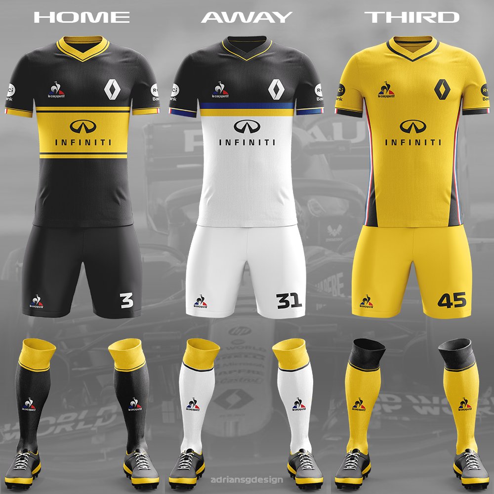 Renault  @RenaultF1Team I'm trying to use both black and yellow in all of the kits here. The away kit uses blue and white as an extra addition, plus a reference to France. The third kit is all yellow with the French flag going down the side of the jersey.
