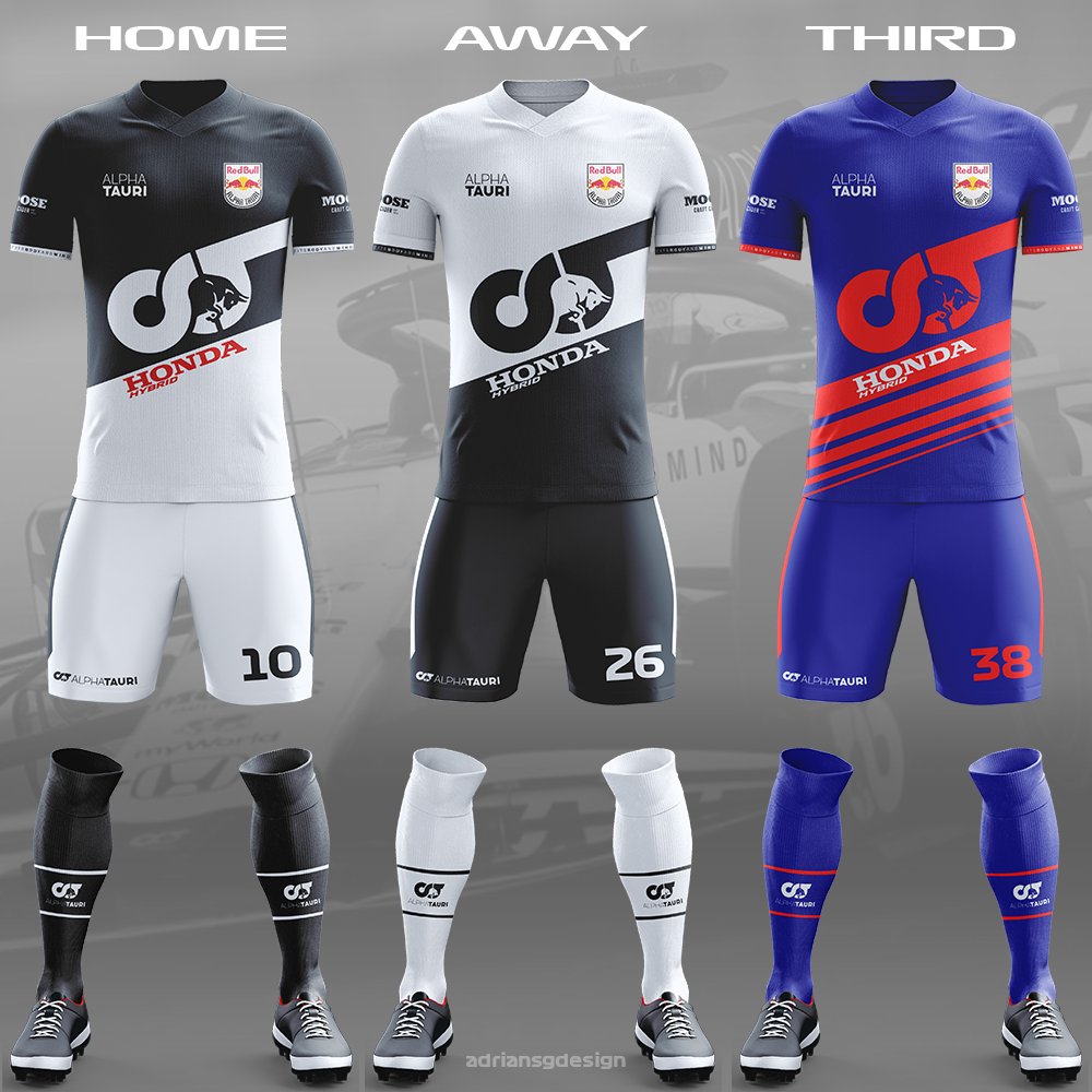 Alpha Tauri  @AlphaTauriF1 The hardest one to make. Alpha Tauri themselves are the manufacturers because they are a clothing brand after all. The away kit is a colour reversal of the home kit, while the third kit is influenced by the Toro Rosso cars before it.