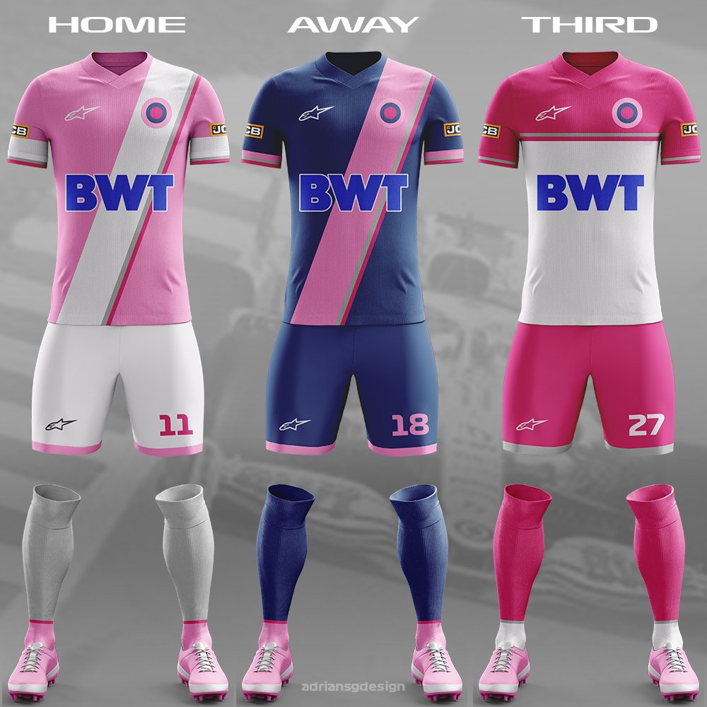 Racing Point  @RacingPointF1 I kept the BWT logo straight because it is in front of a sash which suits a football kit better personally. Blue for the away kit, with the third kit is the darker pink mixed with white and grey in a different style.