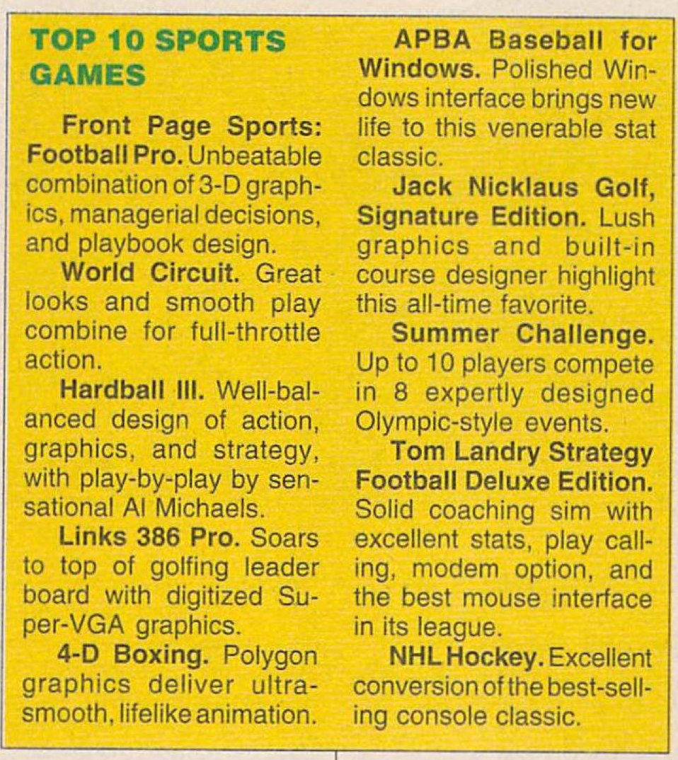 Sports.Hey, Links 386 Pro!Did you know Microsoft bought Access, who made the Links series, and then ended up laying off most of the employees and then selling the name off to Take Two?Sleep tight, Bethesda.