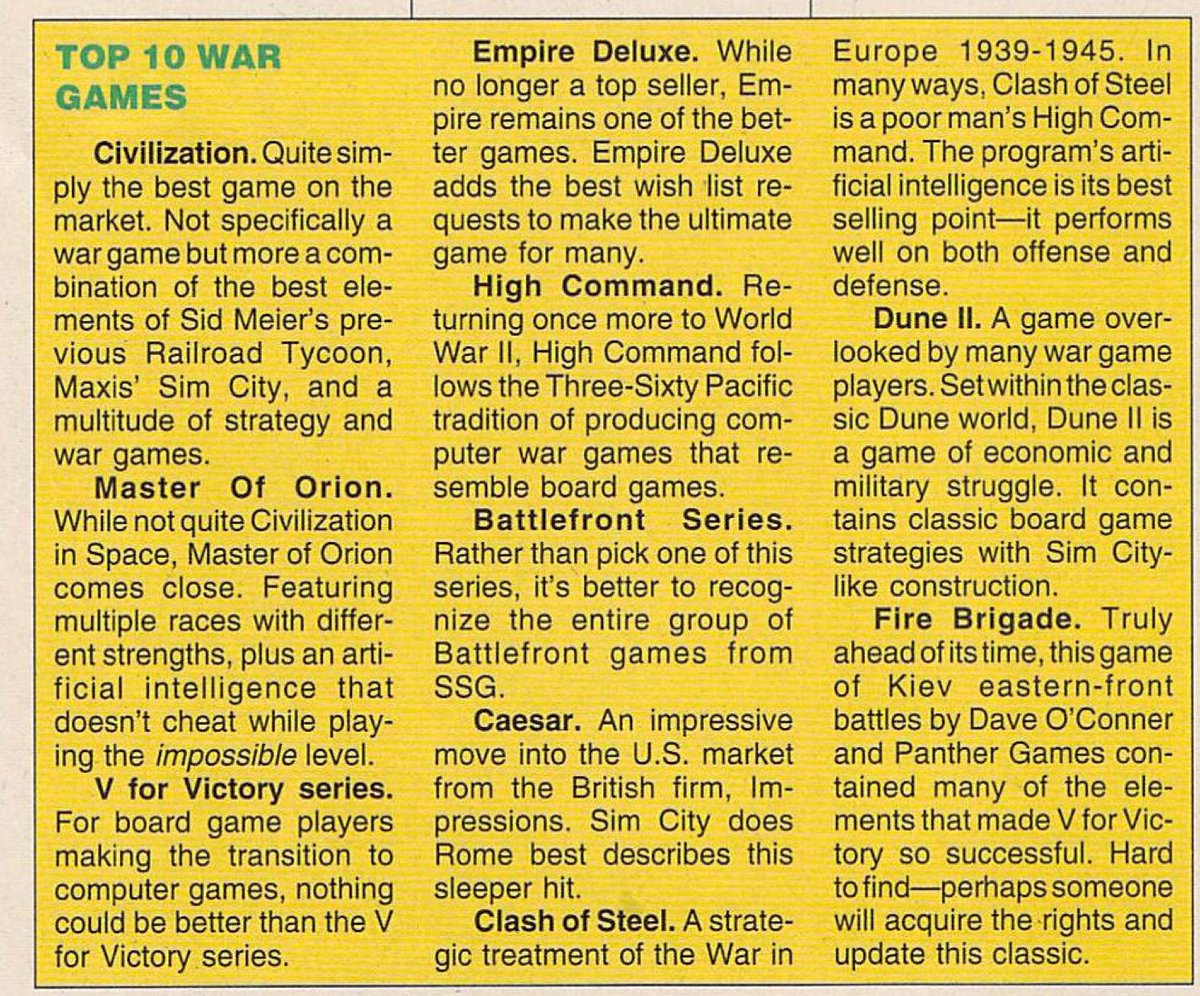 War gamesCivilization again, and then Dune II? Interesting that they try to explain the new RTS genre with "classic board game strategies with SimCity-like construction". Huh.