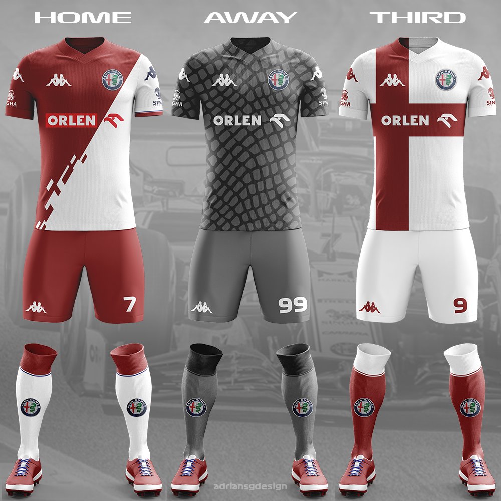 Alfa Romeo  @alfaromeoracing Decided to make the home kit to be diagonal with the skewed rectangles at the bottom. Away kit is the snakeskin livery that was used in one test, while the third kit is influenced by the Alfa Romeo logo.
