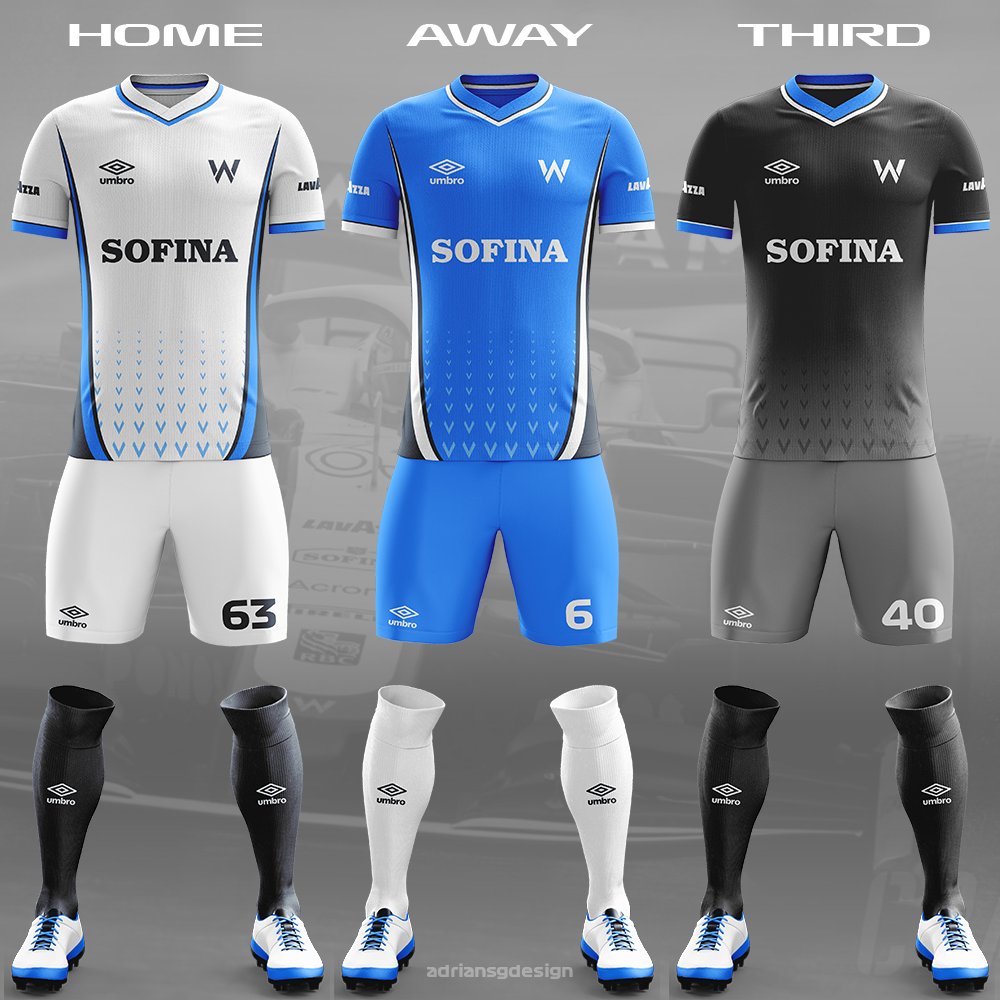 Williams  @WilliamsRacing The home and away kit are the same design, but with the white and light blue swapped over. I used the mini designs on the engine cover on all the kits, even on the third kit which is influenced by Williams' current merchandise.