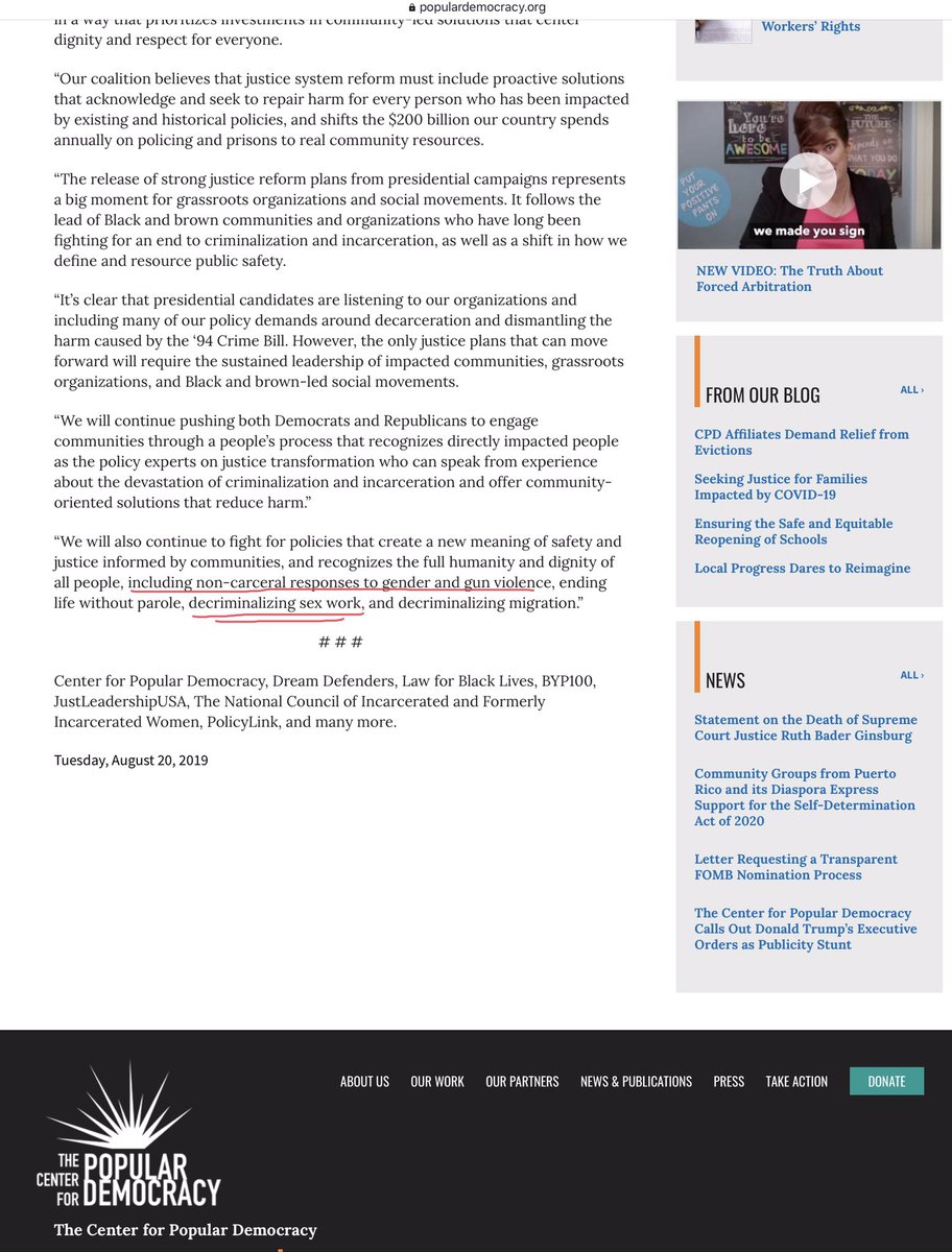 From the CPD statement, presented as from “black and brown-led grassroots organizations”: “We will also continue to fight for policies ... including non-carceral responses to gender and gun violence, ... decriminalizing sex work ...”