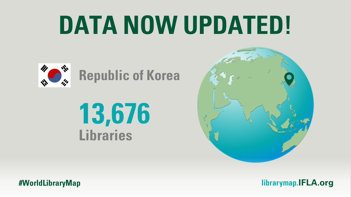 IFLA_LibraryMap's tweet image. Newest #LibraryData for #Libraries in the #RepublicofKorea 🇰🇷 is now available in the @IFLA #WorldLibraryMap. 

Thanks to the @kla1945 for this contribution!

Check this #data and much more at: bit.ly/2FrnwoB #SouthKorea