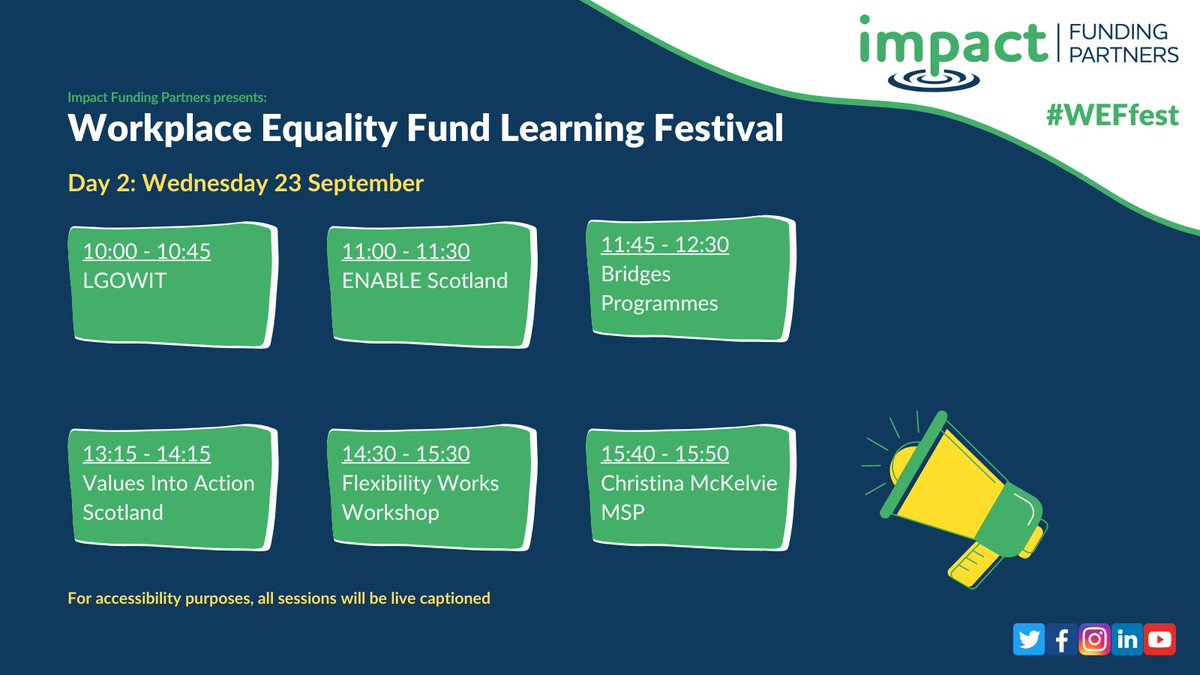 Impact_Funding's tweet photo. Day 2 of #WEFfest 📢

It all starts at 10am with @LGOWIT and throughout the day we have @ENABLEScotland, @bridgesprogs, @VIAScotland and @flex_works. We're also rejoined by @ChristinaSNP to close the festival 😀

Still time to sign up for todays sessions:
https://t.co/H1MqMGbl8Z https://t.co/Dq4bmC32K6
