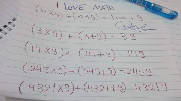 bergasmath's tweet photo. قاعدة ممتعة ( الرياضيات المتعة)  
#انا_احب_الرياضيات 
( 9 ✖ س) + ( 9 + س) = 9  + 10 س 
يمكن كتابة اي عدد باستخدام هذا القانون 
بشرط ان تكون س >  -1.
#I_Love_Math 
(n x 9) + (n + 9) = 10n + 9, for all n>-1
اللهم انفعنا بما علمتنا وعلمنا ما ينفعنا وزدنا علما https://t.co/w18NrDLd7n
