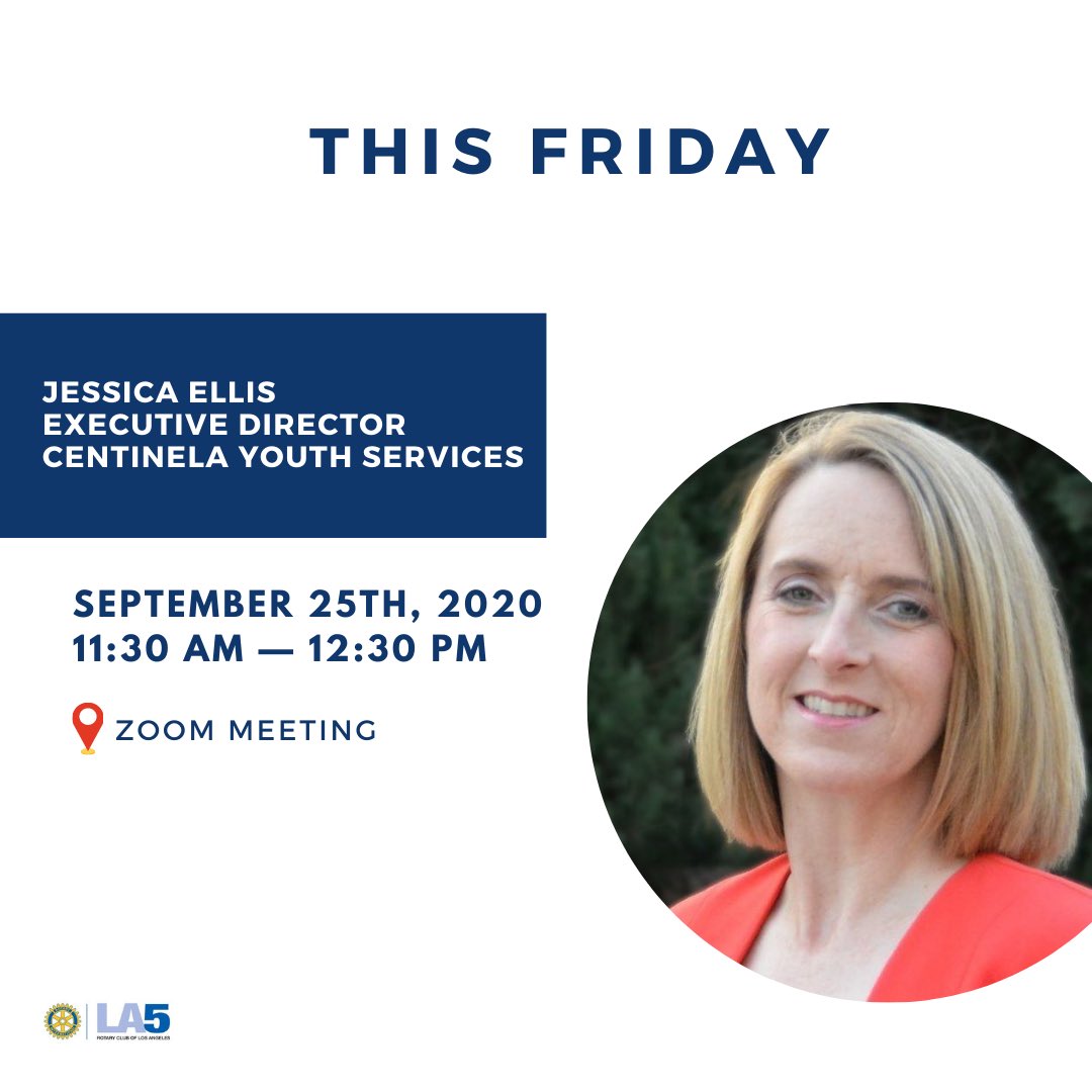RotaryLA5's tweet photo. Please join LA5 Rotary in welcoming Jessica Ellis, Executive Director of Centinela Youth Services (CYS) as our featured speaker on this Friday!

RSVP at https://t.co/ttmSdlQRBm or simply click on the link in our bio. 😃

#myrotary #peopleofaction #proudrotarian #serviceaboveself https://t.co/vj6qjMMOAK