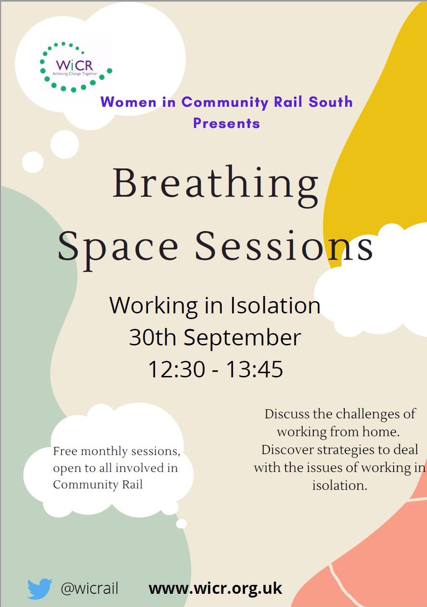 HeartCRP's tweet photo. @wicrail South are proud to present the Breathing Space Sessions. Open to all in Community Rail, these are a series of sessions focussed on support &amp; practical advice in these challenging times.

The 1st session looks at Working in Isolation. Book now at: https://t.co/TdmptTetDx https://t.co/YtlBV0a4Ml