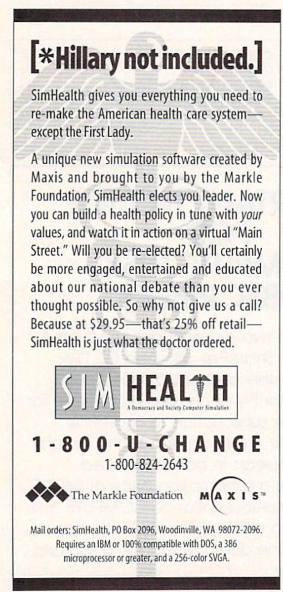 SimCity 2000 got two full-page ads, one of which was just a teaser.SimHealth gets a 6th-panel two pages after the Penthouse ad.