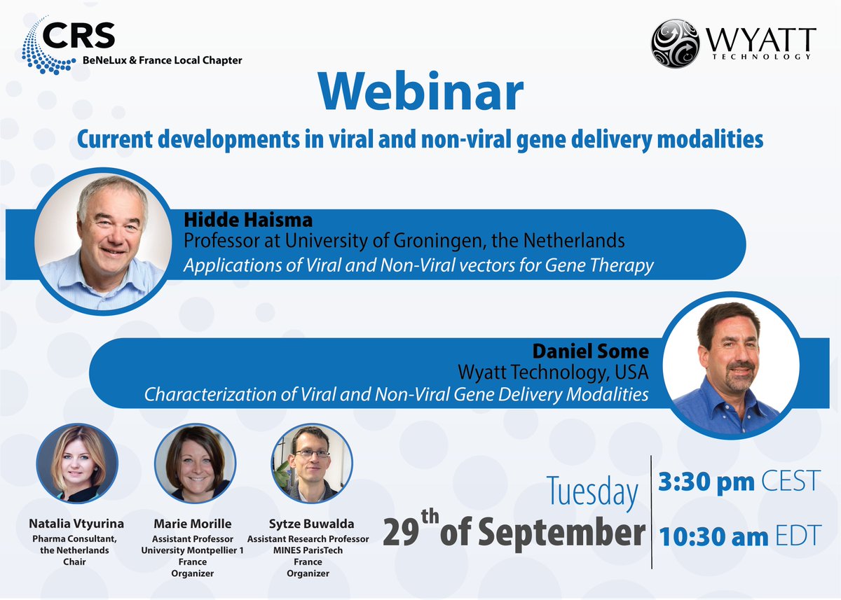 CRSBeNeLuxFr's tweet photo. Join our next webinar “Current developments in viral and non-viral gene delivery modalities”
Our speakers: @HiddeHaisma professor at @univgroningen  and Daniel Some principal scientist at @WyattTechnology

Register here: https://t.co/fOb4pAF1B2 https://t.co/n6zdYZcWMe