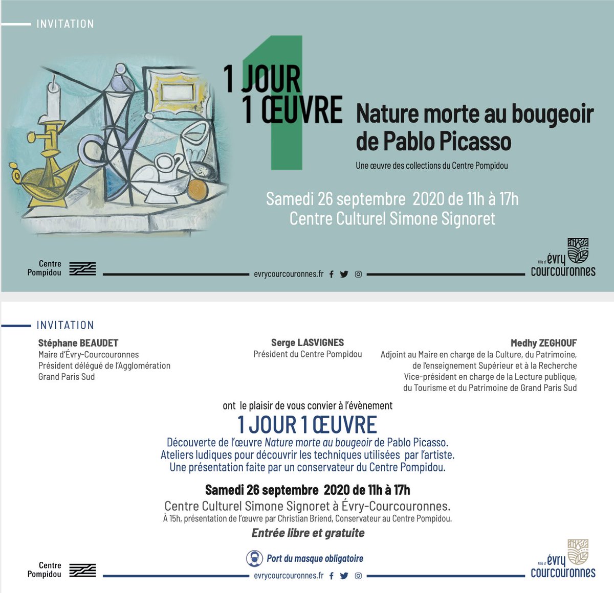 MZeghouf's tweet image. Dans le cadre de notre partenariat avec @CentrePompidou, nous avons le très grand privilège d'accueillir pour la 1e fois à @VilledEvryCourc une oeuvre de Picasso. Celle-ci sera visible et présentée au centre culturel Simone Signoret samedi de 11h à 17h. Retrouvons-nous nombreux !