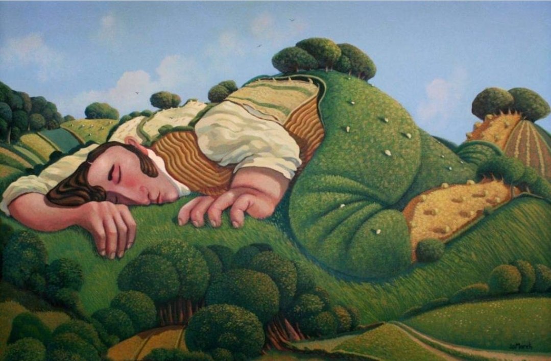 Love of land: green as the fields he played in, tall as the copses he loved in, long as his summer days toil, brief as the autumn ache-limbed rainsheltered in his barn, dark as the winter he died and deep as the worms who sang him sweetly home. Gone To Earth.